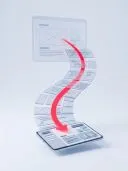 Durchscheinende Wireframe-Ebenen fallen entlang eines geschwungenen roten Pfeils in eine fertige Tablet-Oberfläche
