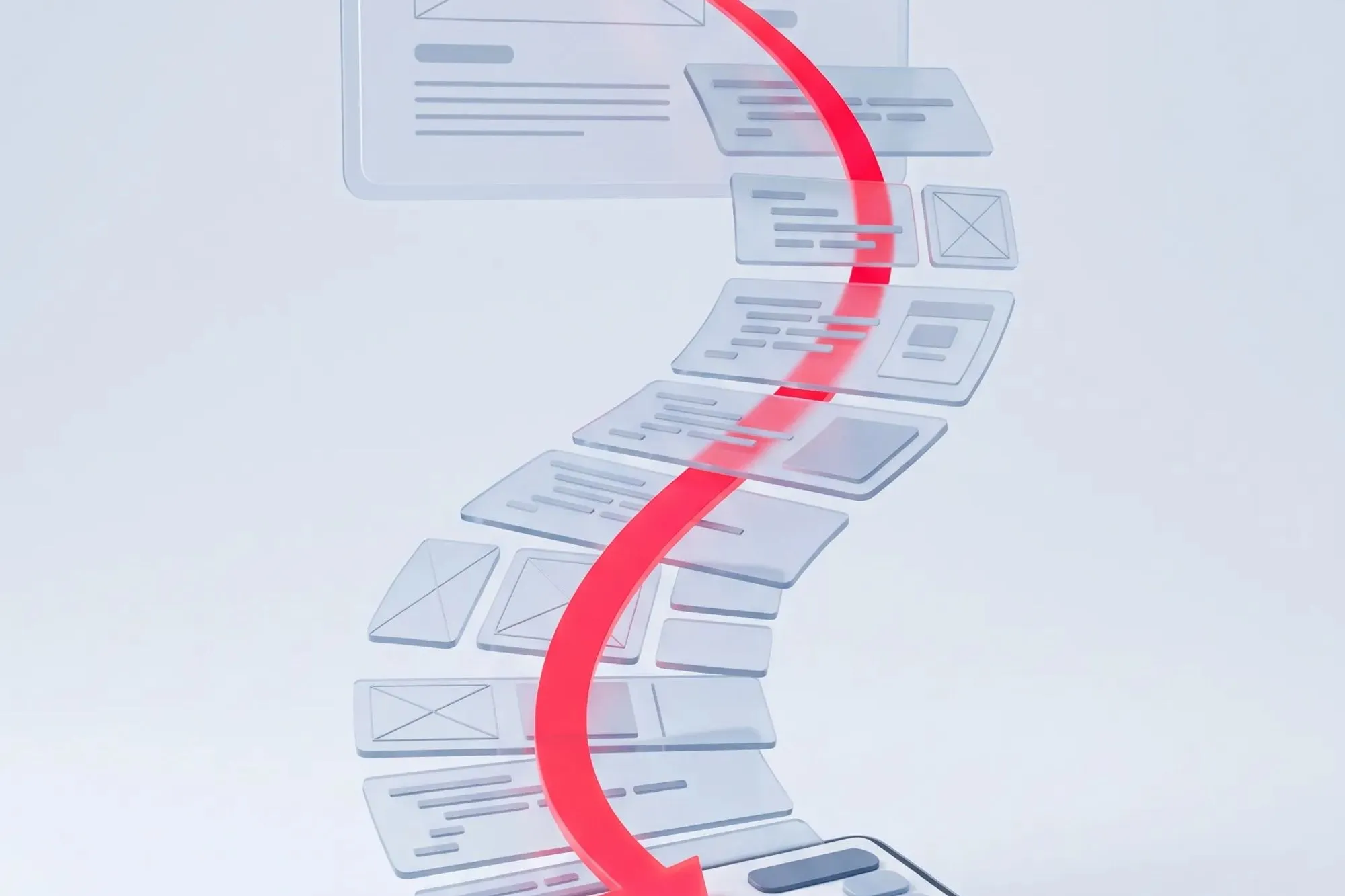 Durchscheinende Wireframe-Ebenen fallen entlang eines geschwungenen roten Pfeils in eine fertige Tablet-Oberfläche