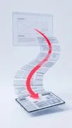 Translucent wireframe layers cascade down a curving red arrow into a finished tablet interface