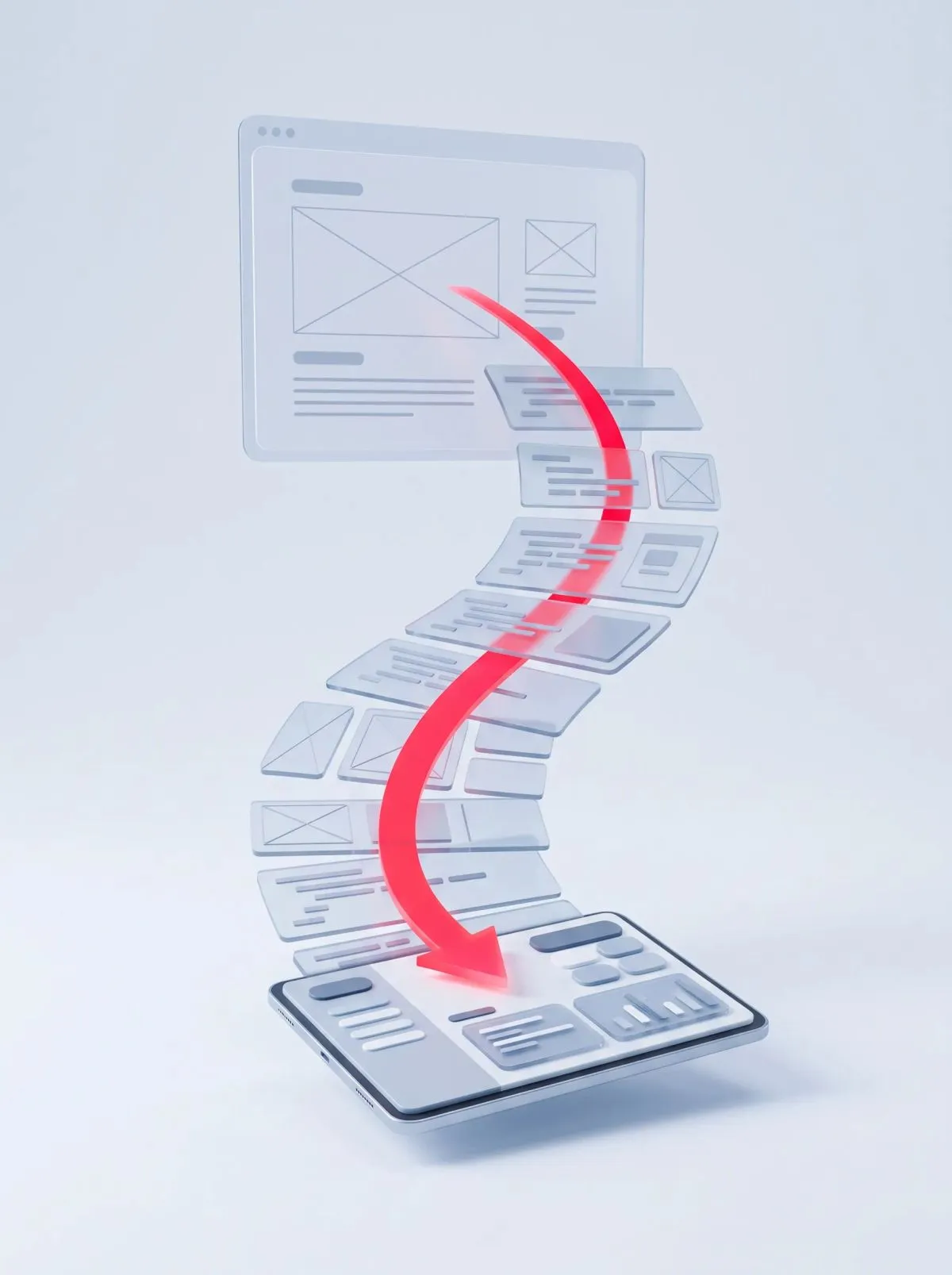 Durchscheinende Wireframe-Ebenen fallen entlang eines geschwungenen roten Pfeils in eine fertige Tablet-Oberfläche