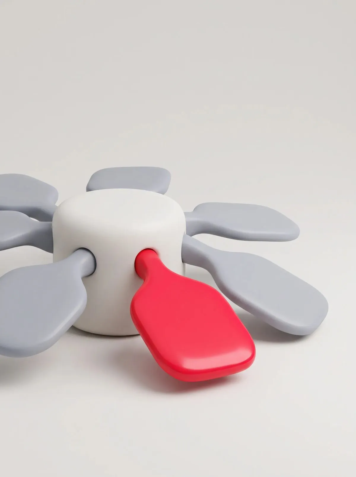 3D white cylinder with grey tag-shaped tabs radiating outward and one red tab.
