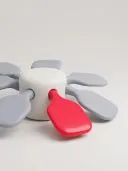 3D white cylinder with grey tag-shaped tabs radiating outward and one red tab.