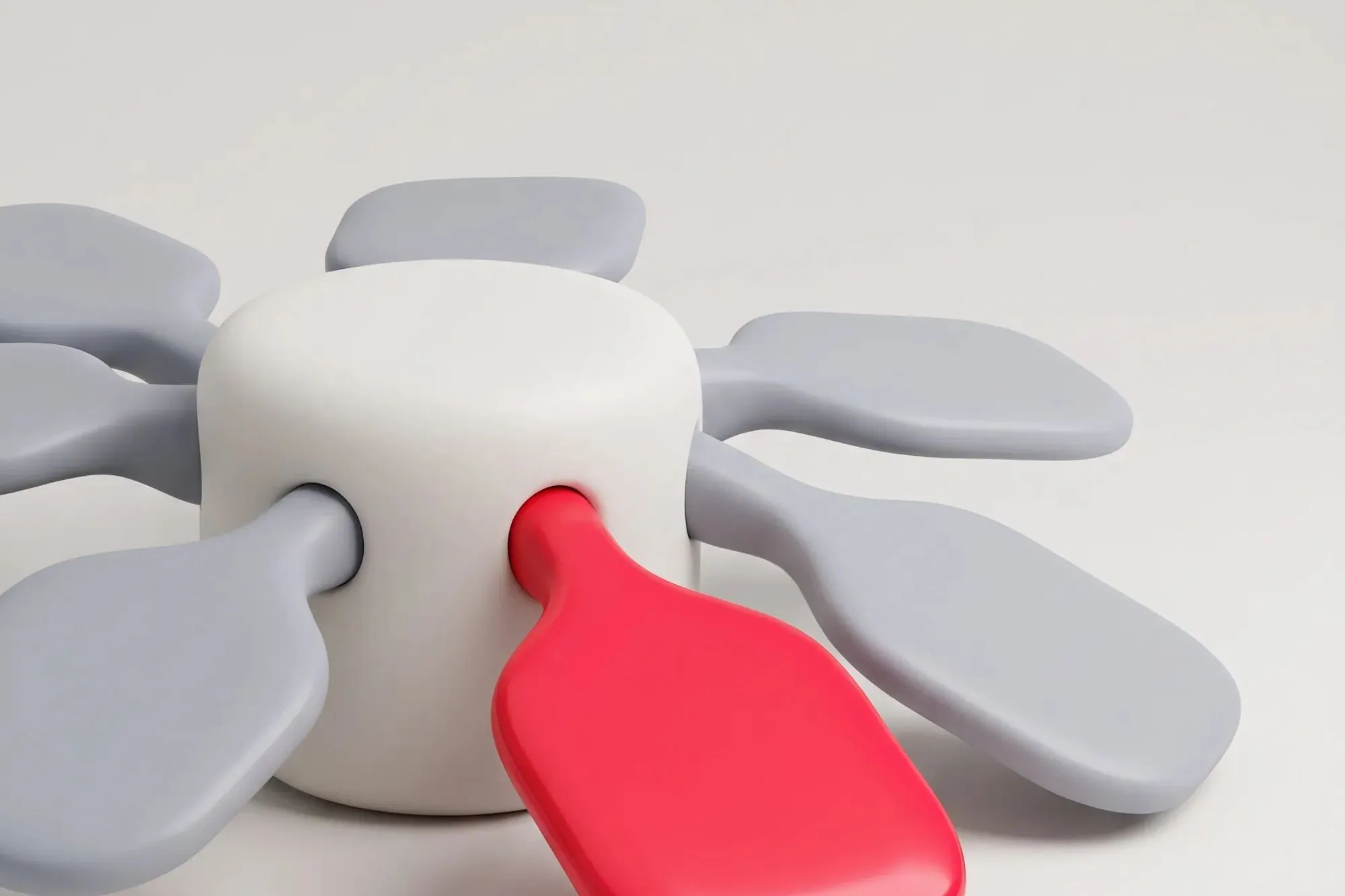 3D white cylinder with grey tag-shaped tabs radiating outward and one red tab.