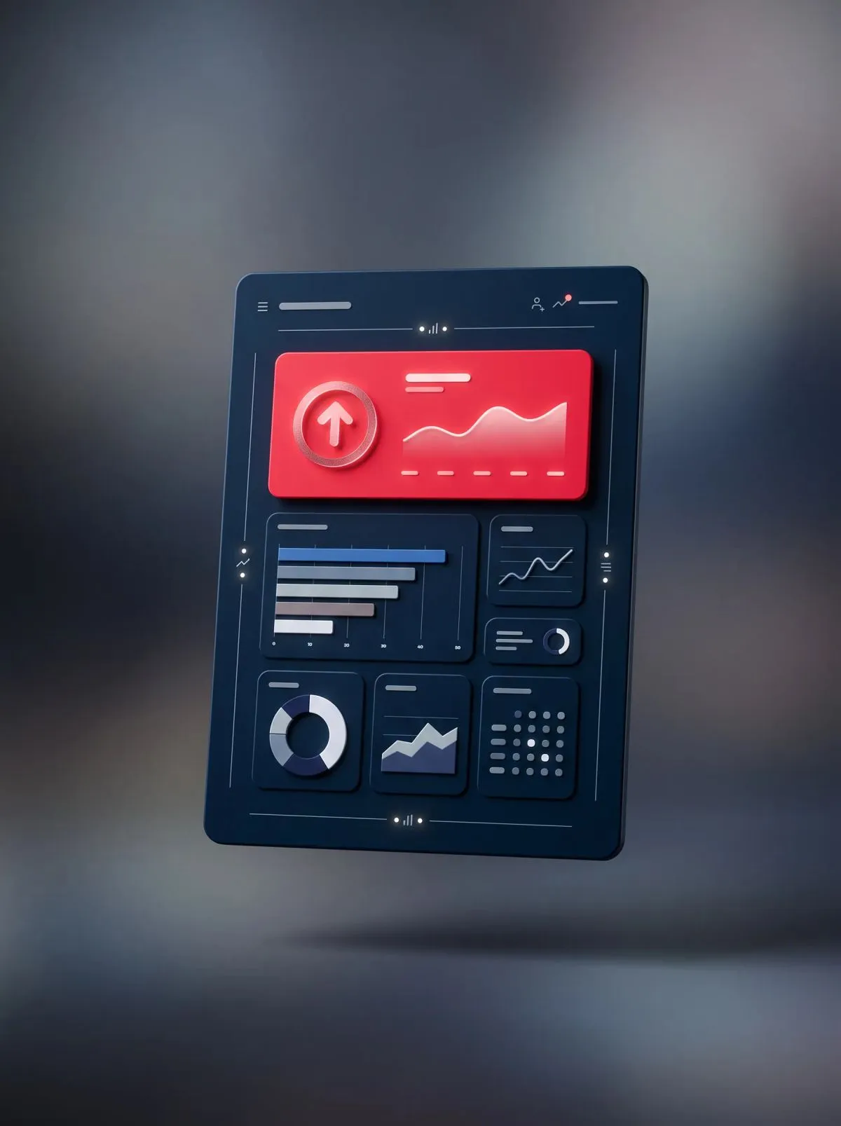 3D dark tablet showing an analytics dashboard with a red panel and charts.