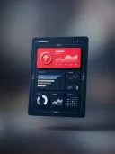 3D dark tablet showing an analytics dashboard with a red panel and charts.