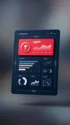 3D dark tablet showing an analytics dashboard with a red panel and charts.