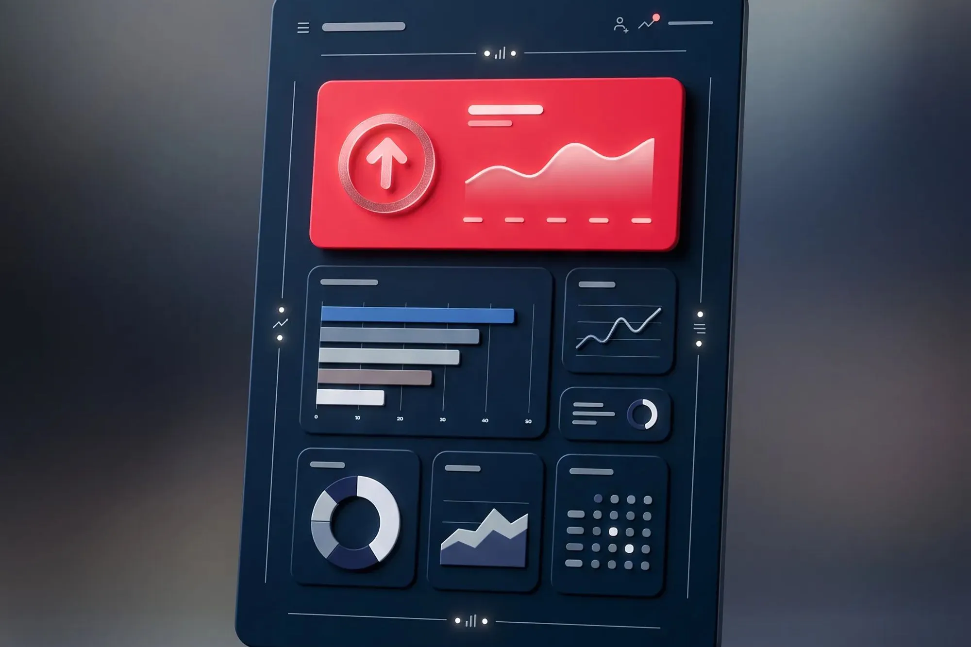 3D dark tablet showing an analytics dashboard with a red panel and charts.