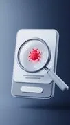 Lupe ueber einer weissen Karte, die ein leuchtend rotes Kaefer-Symbol zeigt.