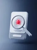 Lupe ueber einer weissen Karte, die ein leuchtend rotes Kaefer-Symbol zeigt.