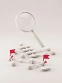 3D white magnifier over a network of white nodes with two red warning flags.