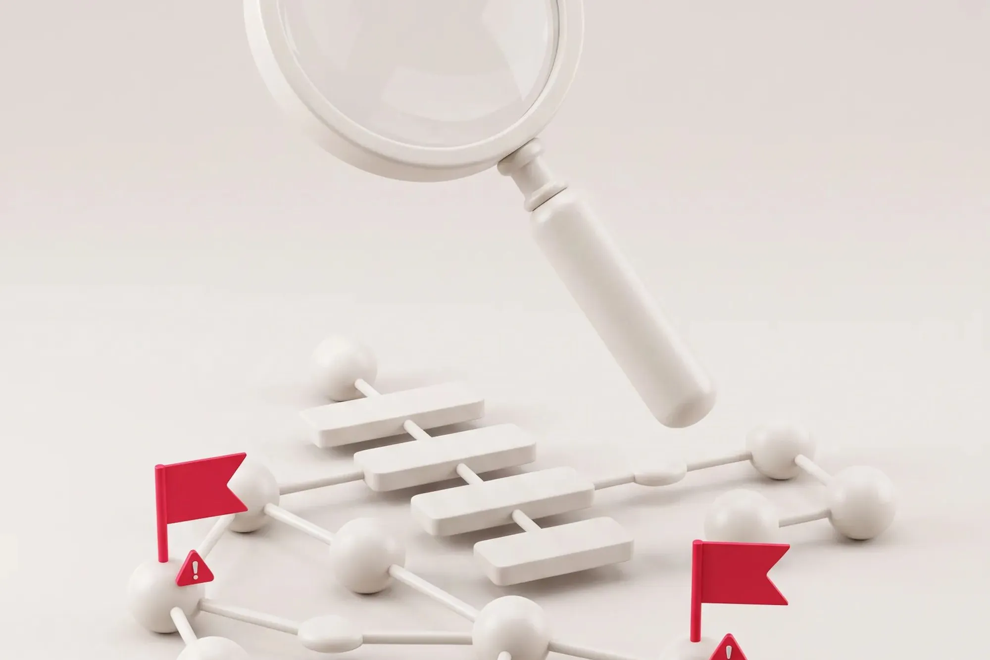 3D white magnifier over a network of white nodes with two red warning flags.