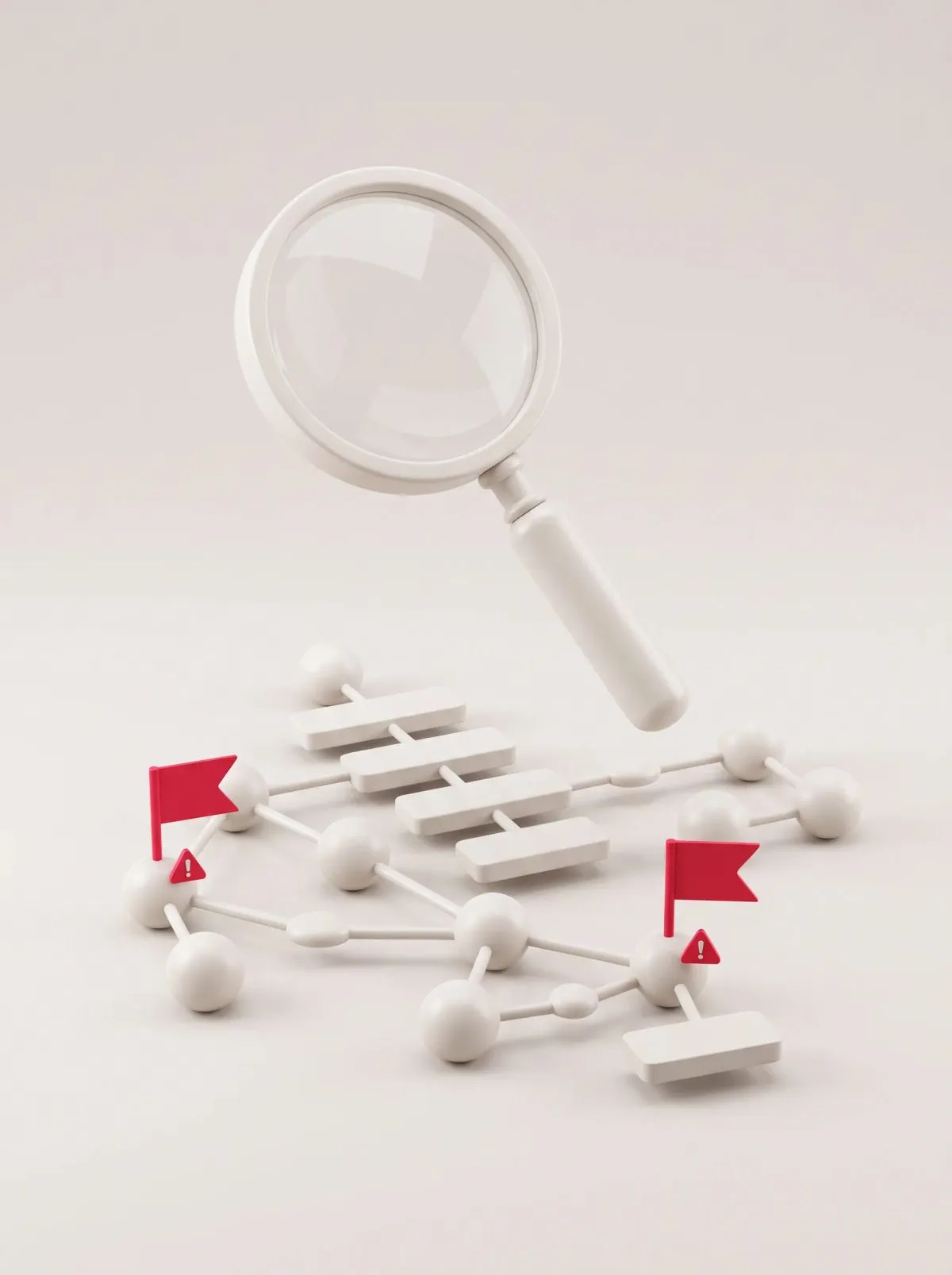 3D white magnifier over a network of white nodes with two red warning flags.