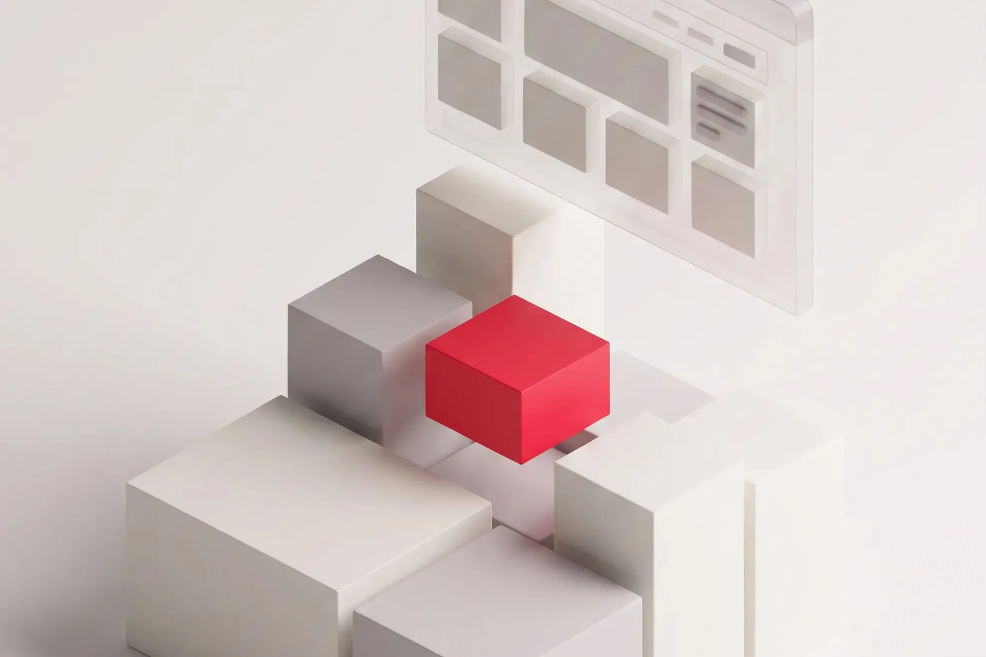 3D white cube blocks with one red cube and a floating translucent browser window layout