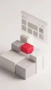 Weiße 3D-Würfelblöcke mit einem roten Würfel und einem schwebenden, durchsichtigen Browserfenster-Layout