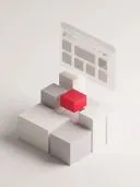 Weiße 3D-Würfelblöcke mit einem roten Würfel und einem schwebenden, durchsichtigen Browserfenster-Layout