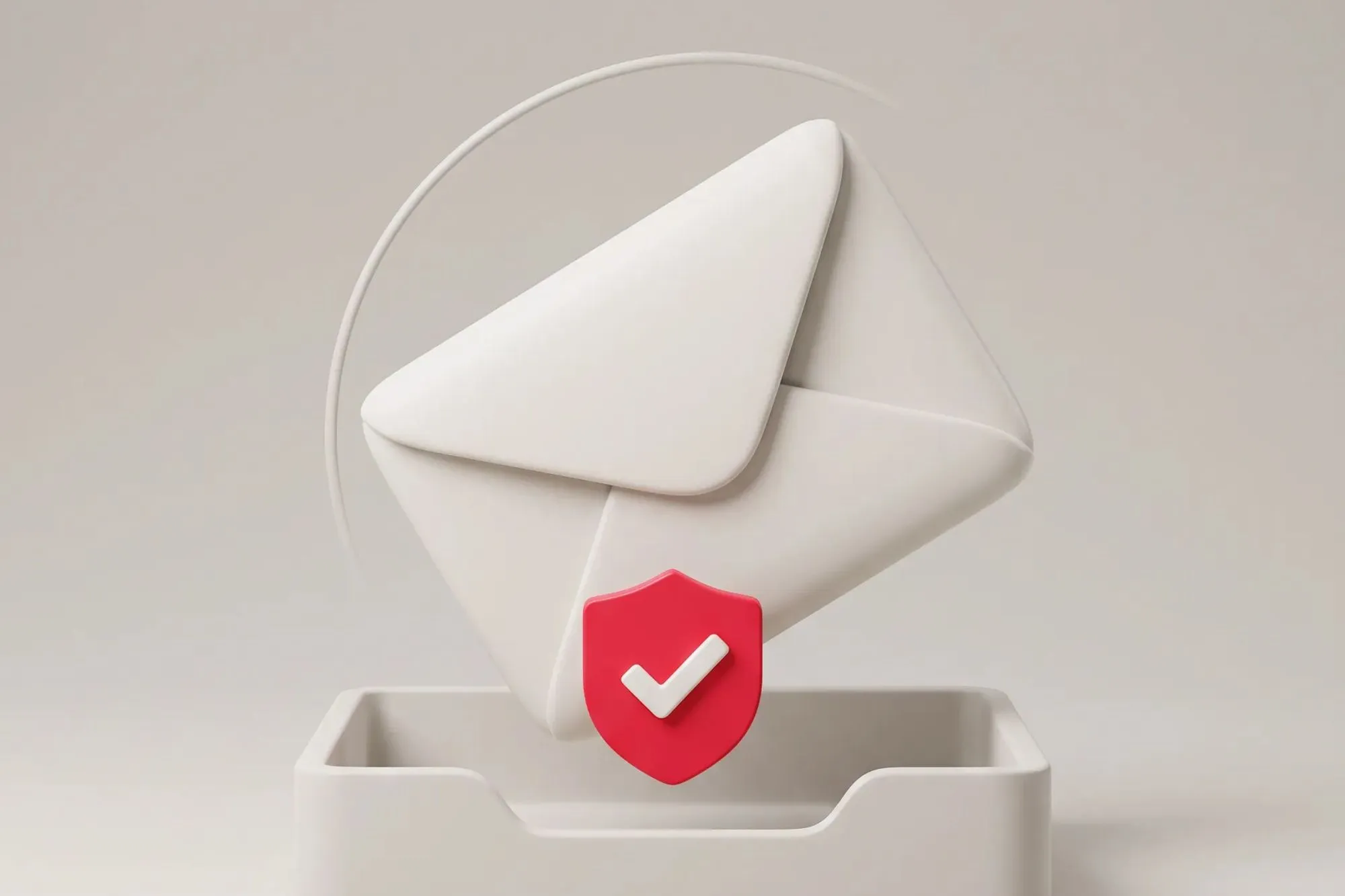 3D white envelope over a tray with a red shield and white checkmark badge.