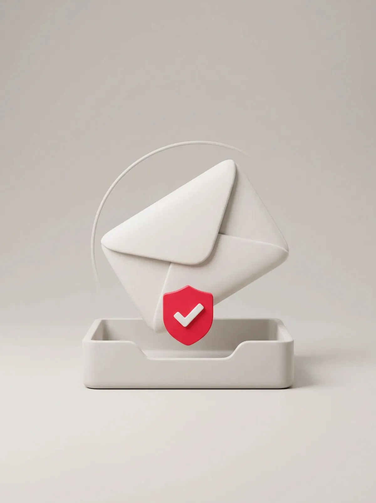 3D white envelope over a tray with a red shield and white checkmark badge.