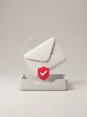 3D white envelope over a tray with a red shield and white checkmark badge.