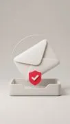3D-weißer Umschlag über einer Ablage mit rotem Schild und weißem Häkchen-Symbol.