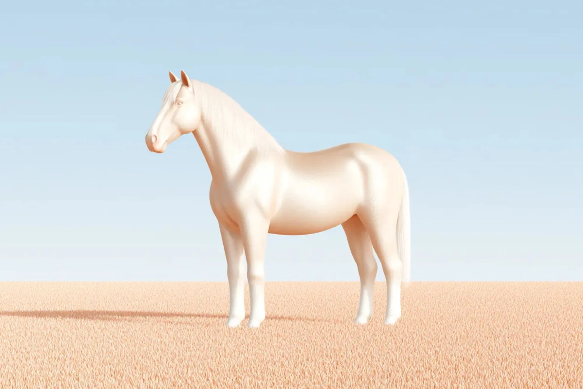 Cremefarbenes Pferd steht auf einem goldenen Feld unter blauem Himmel