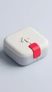 White rounded square case with an upload arrow icon and a red tab, on light blue.