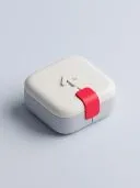 White rounded square case with an upload arrow icon and a red tab, on light blue.