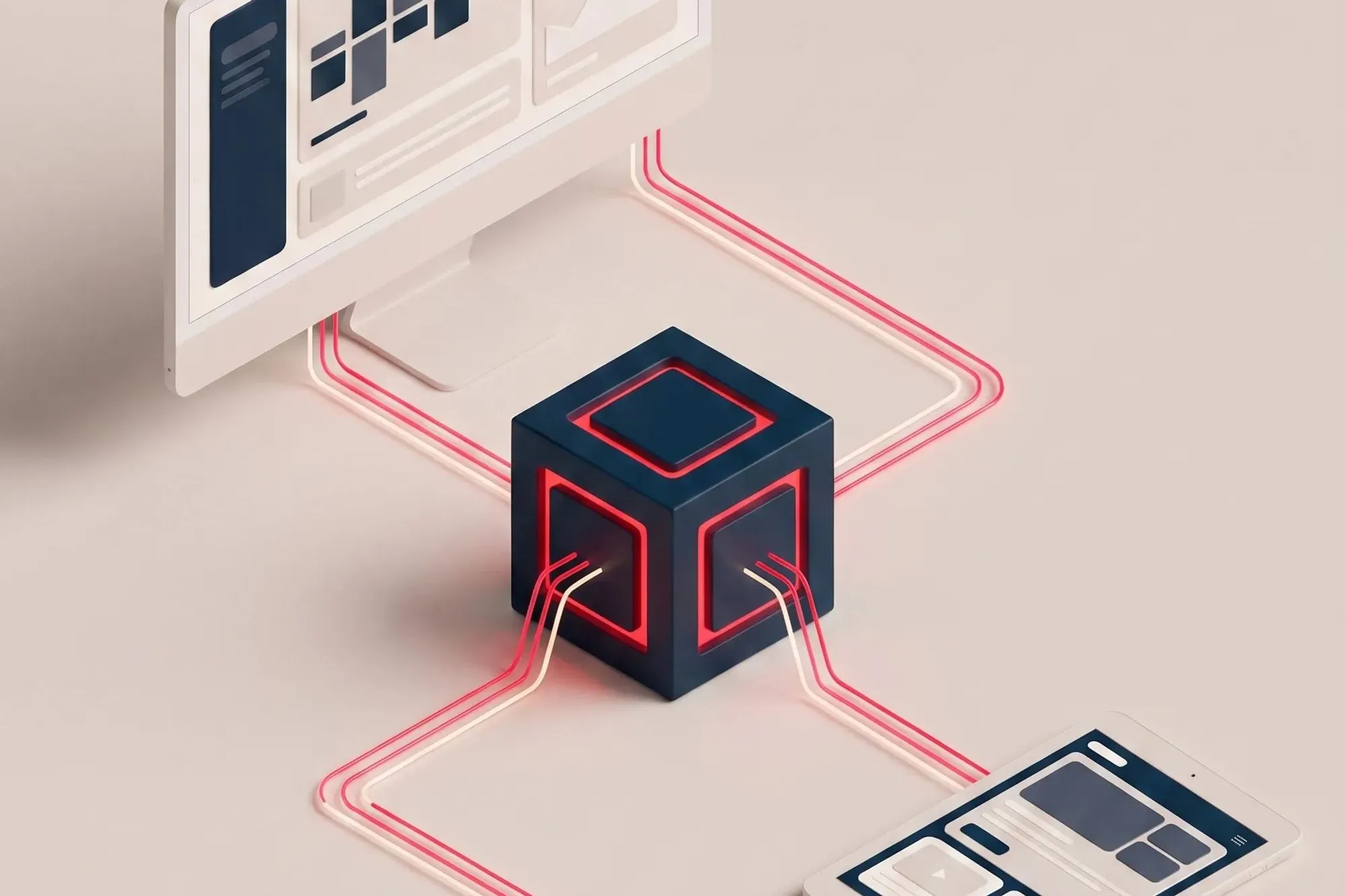 3D dark cube with red glowing edges connected by cables to a monitor, tablet and phone