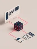 3D-Dunkelwürfel mit rot leuchtenden Kanten, per Kabel mit Monitor, Tablet und Smartphone verbunden