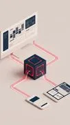 3D dark cube with red glowing edges connected by cables to a monitor, tablet and phone