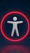 White accessibility figure with outstretched arms inside a glowing red circle on dark blue.
