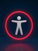 Weisse Barrierefreiheit-Figur mit ausgestreckten Armen in rot leuchtendem Kreis auf Dunkelblau.