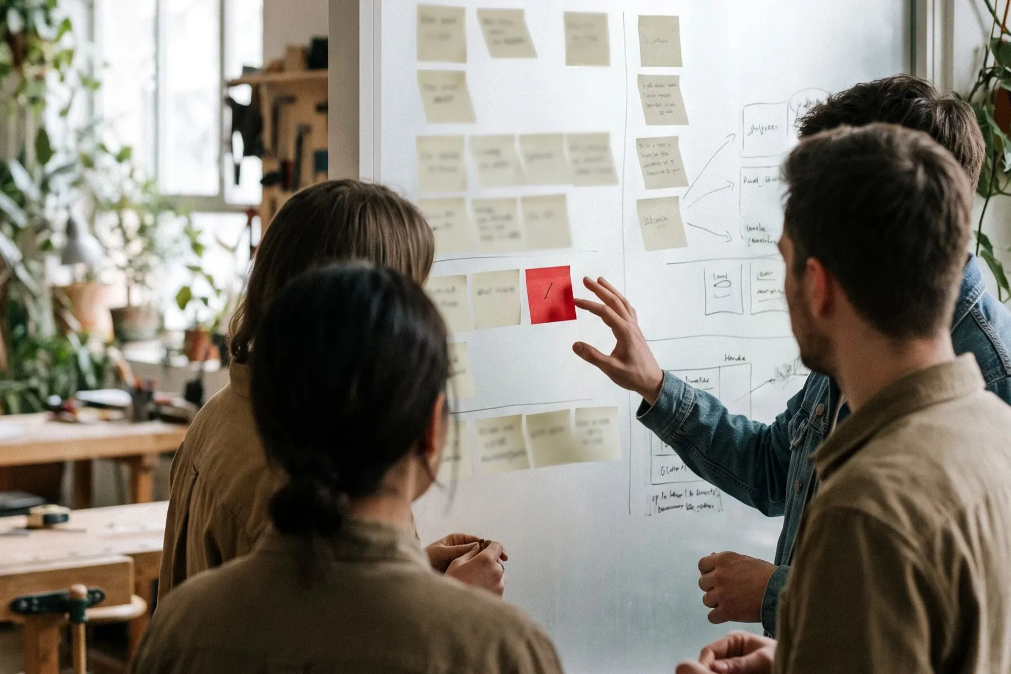 Three people at a whiteboard covered with sticky notes; one points at a red note.