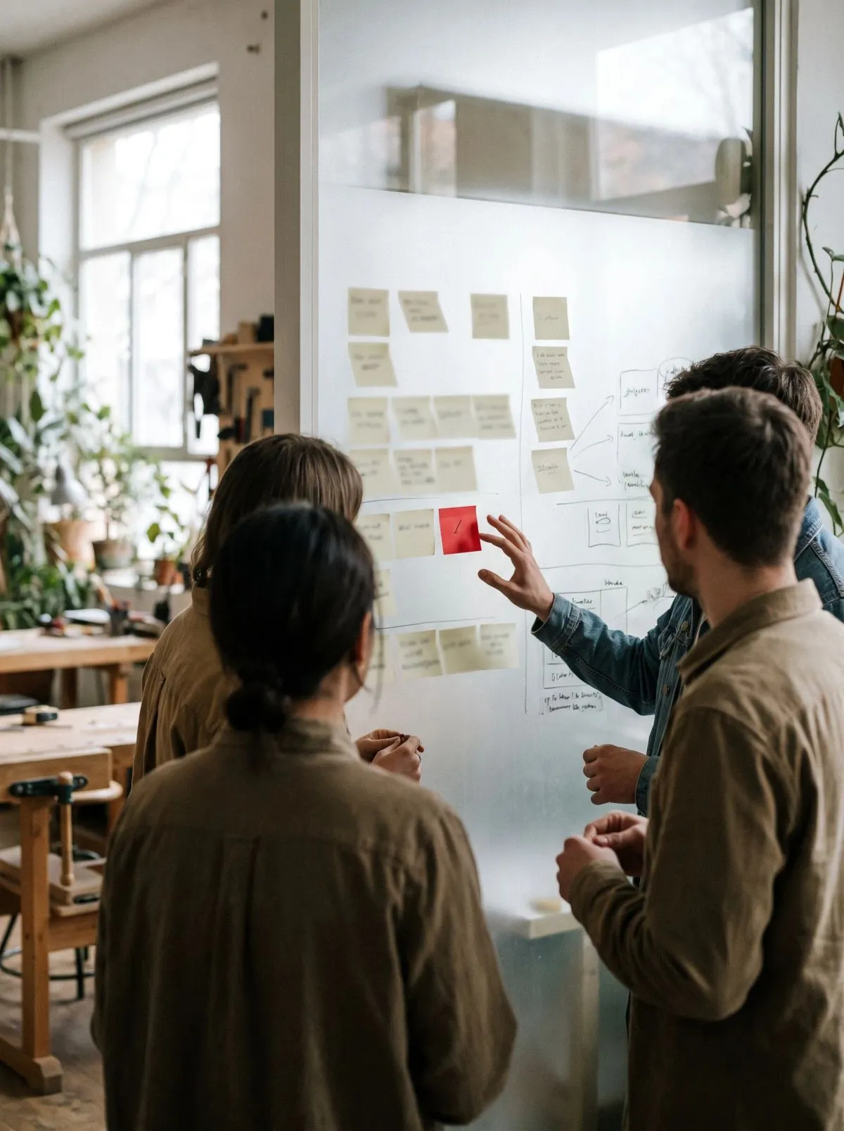 Three people at a whiteboard covered with sticky notes; one points at a red note.
