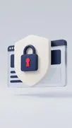 3D white shield with a navy padlock and red keyhole over a browser window.