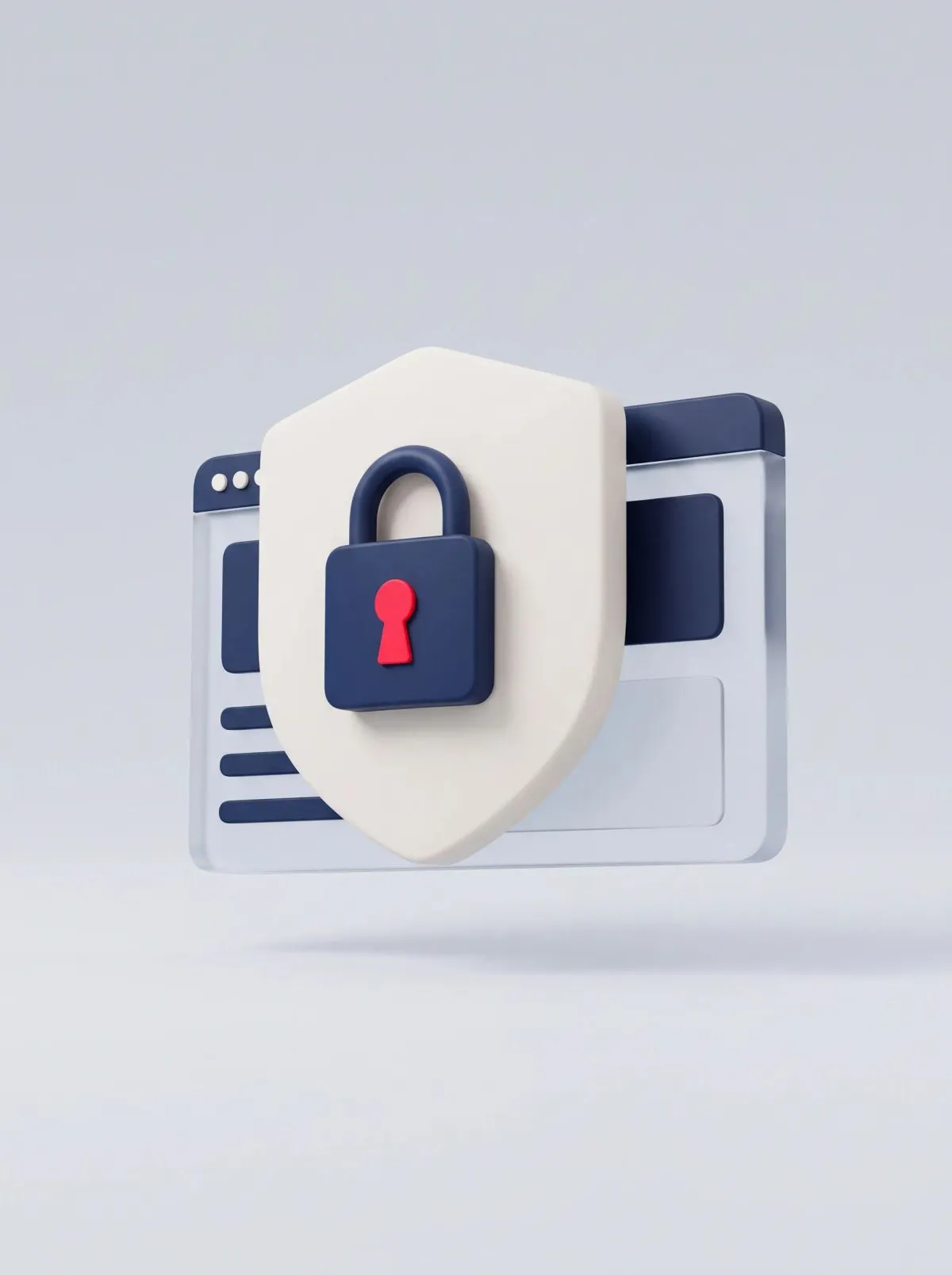 3D white shield with a navy padlock and red keyhole over a browser window.
