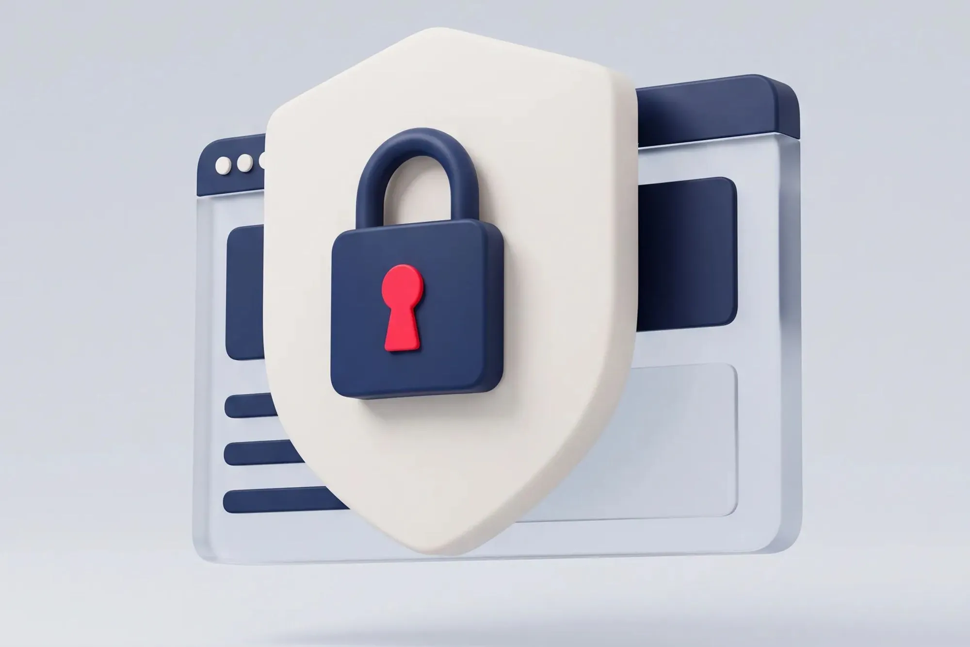 3D white shield with a navy padlock and red keyhole over a browser window.
