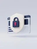 3D white shield with a navy padlock and red keyhole over a browser window.