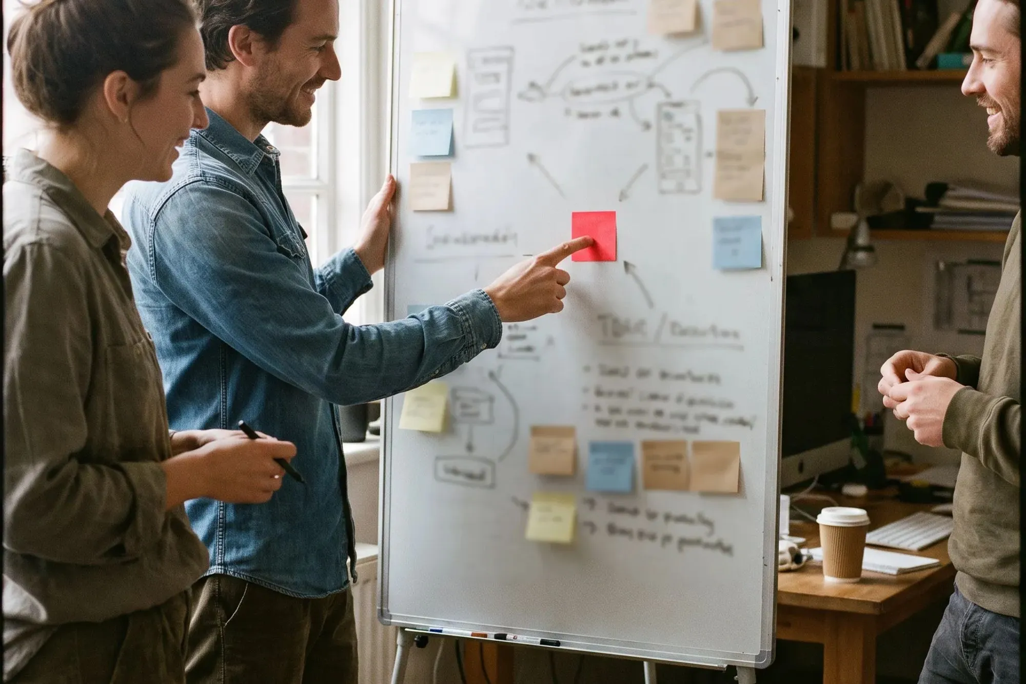 Three colleagues smile at a whiteboard covered in sketches and sticky notes in a sunny office