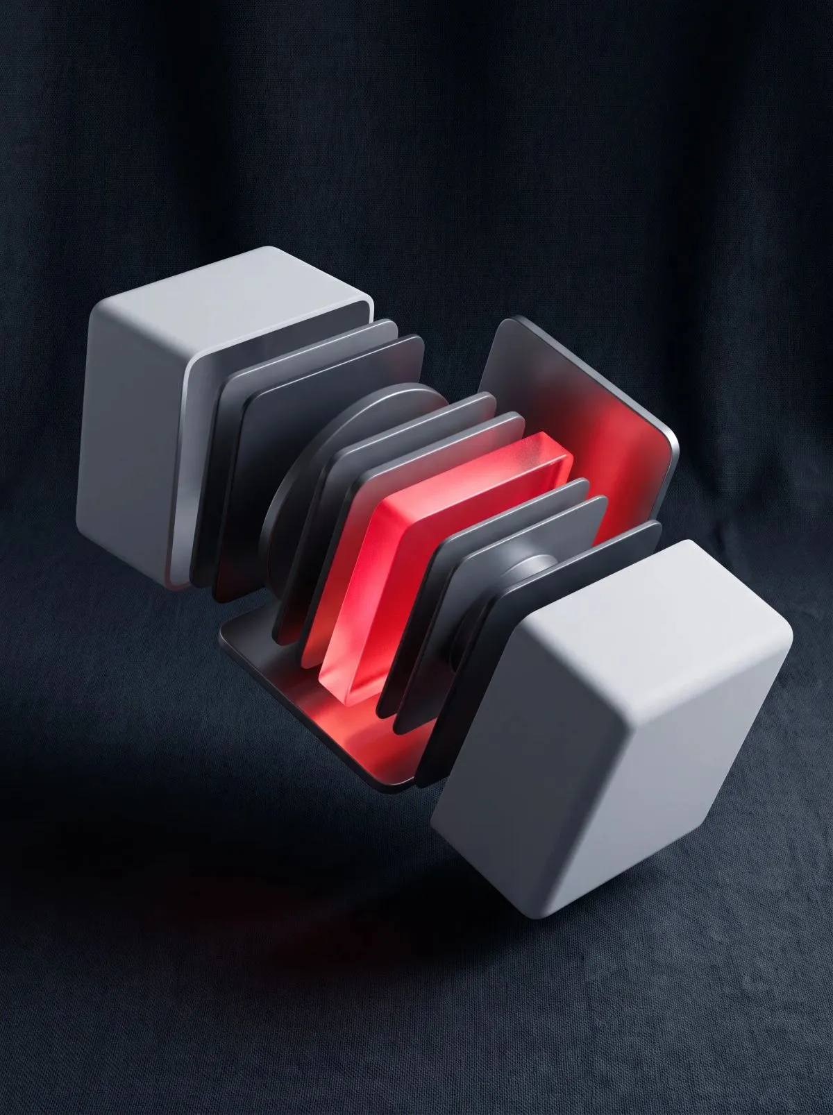 Two white cubes pulled apart to reveal stacked grey layers with a glowing red one inside.