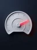 White speedometer gauge with circuit-board pattern and glowing red needle on dark background.