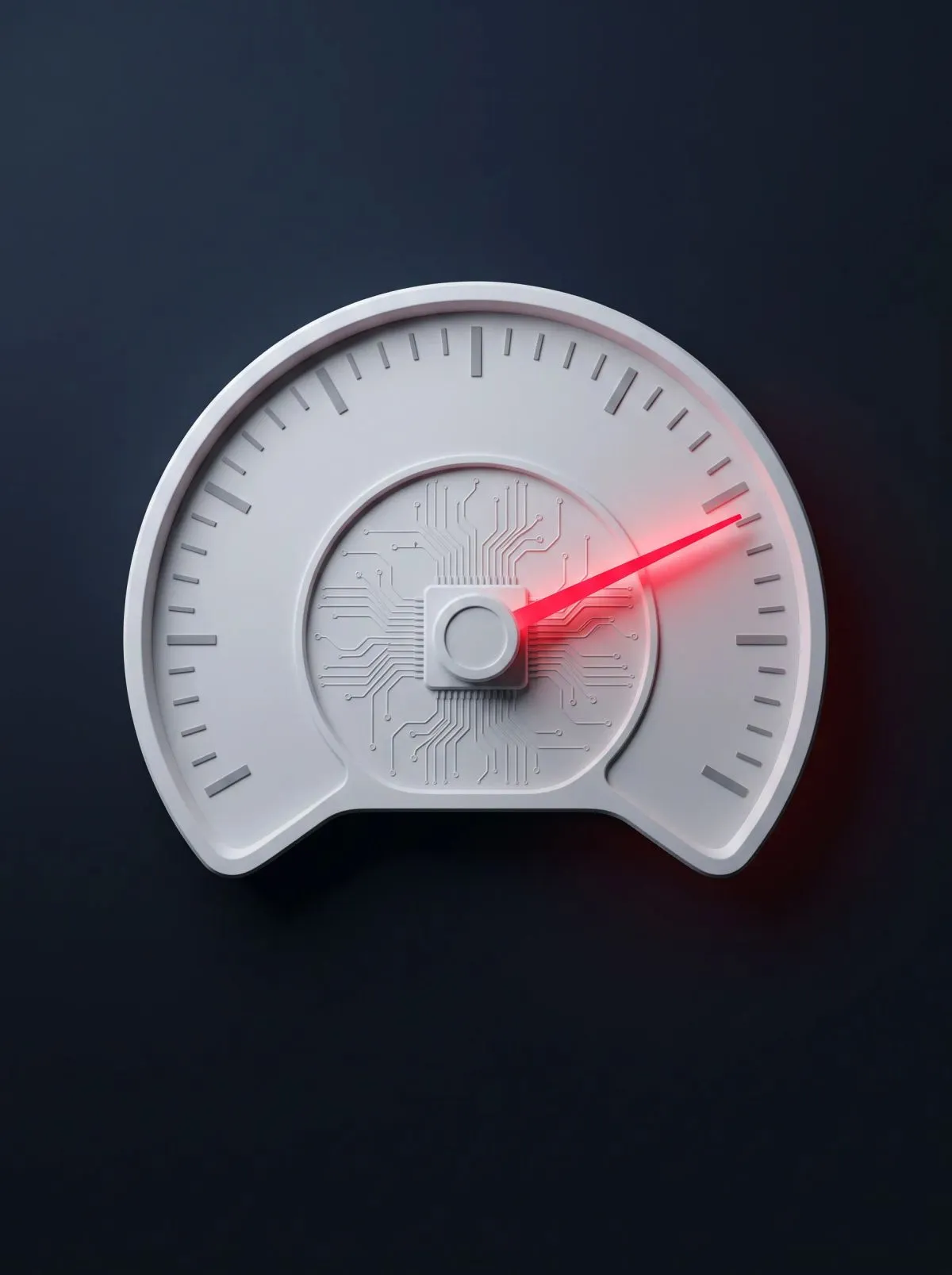White speedometer gauge with circuit-board pattern and glowing red needle on dark background.