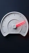 Velocímetro blanco con patrón de circuito impreso y aguja roja brillante sobre fondo oscuro.