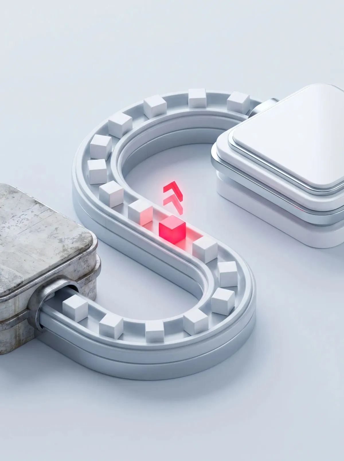 White S-shaped conveyor track carrying cubes from a rusty box to a clean one.