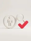 3D white circular person icon beside a magnifier resting on a red checkmark.
