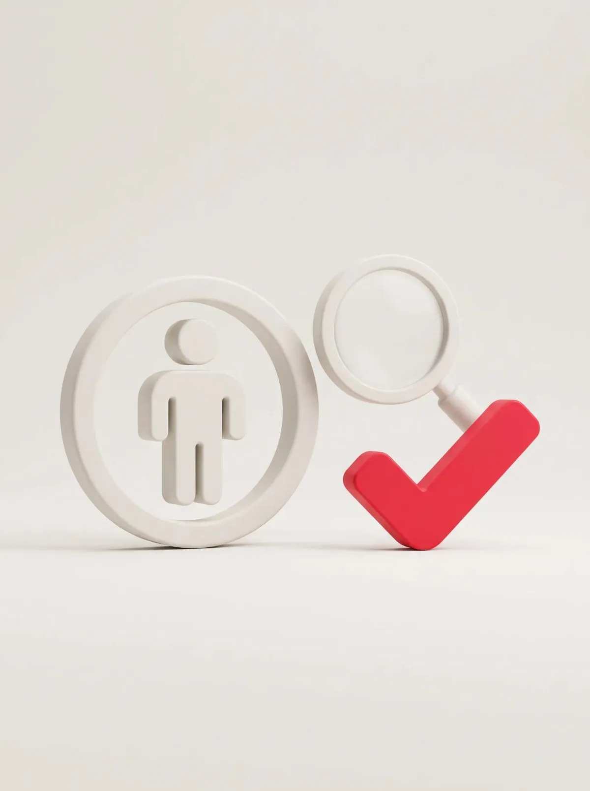 3D white circular person icon beside a magnifier resting on a red checkmark.
