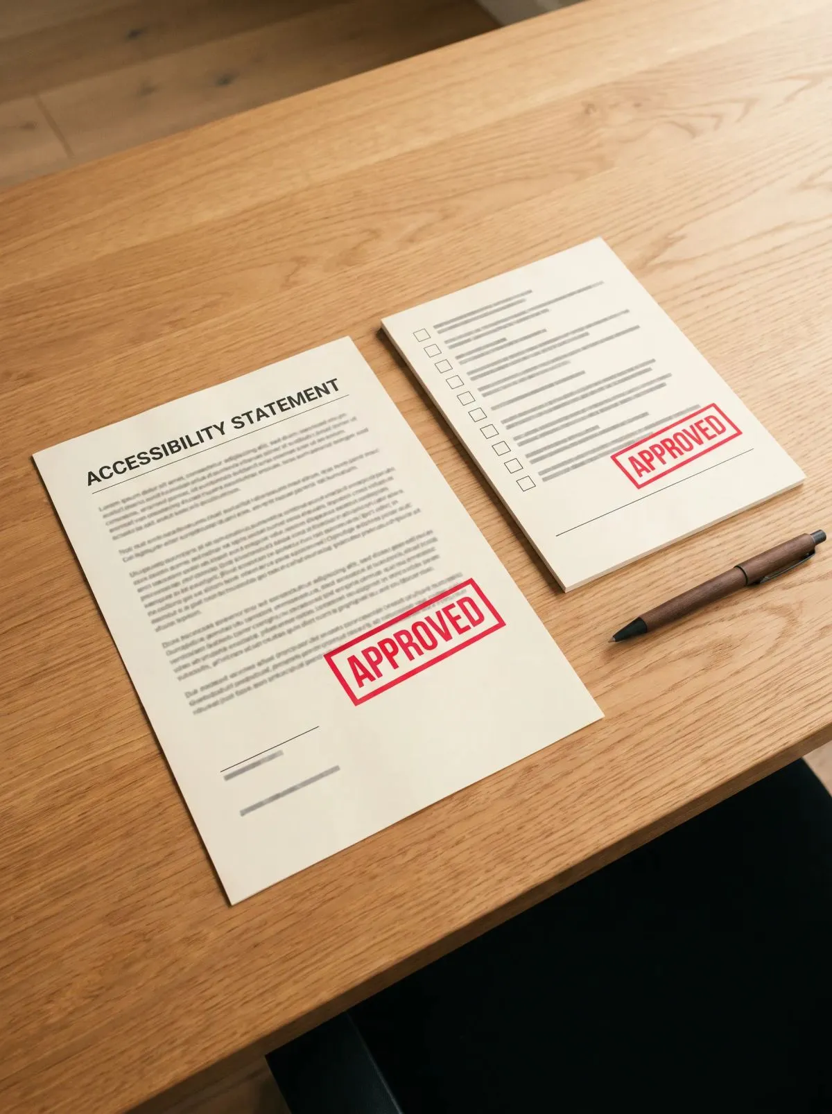 Two printed documents on a wooden desk with red APPROVED stamps and a pen.