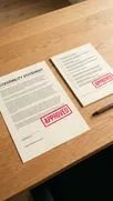 Dos documentos impresos sobre un escritorio de madera con sellos rojos APPROVED y un bolígrafo.