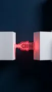 Glowing red plug joining two white blocks on a dark blue background.