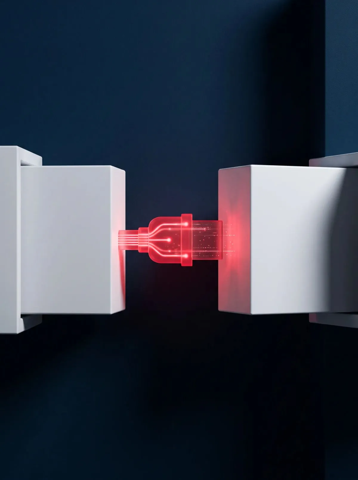 Glowing red plug joining two white blocks on a dark blue background.