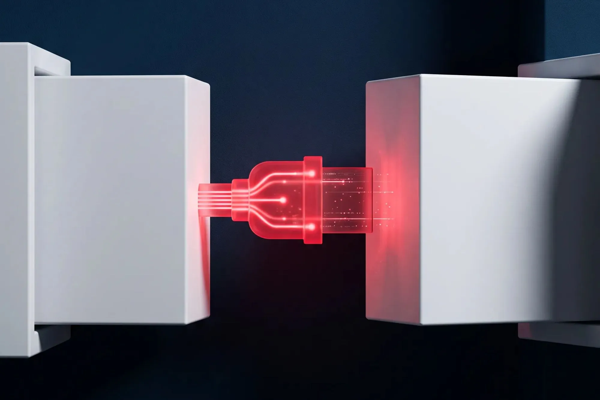 Glowing red plug joining two white blocks on a dark blue background.